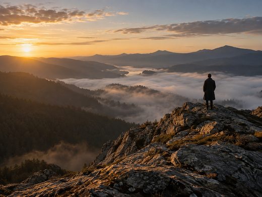 Wide establishing frame: a lone figure on a rocky ridge above a misted valley at golden hour