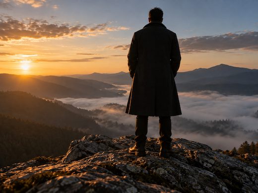 The same scene, camera low: the figure in silhouette against the low sun