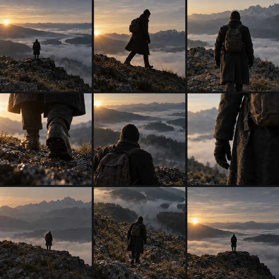 Nine frames from Dawn on the ridge, all the same scene shot different ways