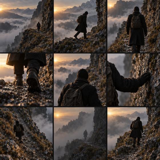 Nine frames from The path, all the same scene shot different ways