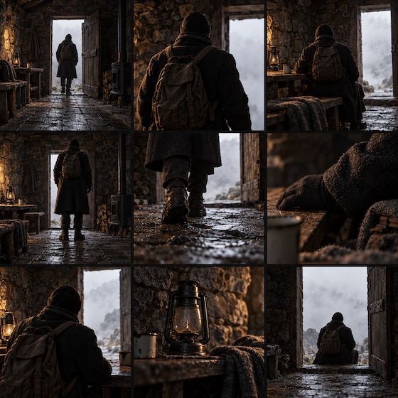 Nine frames from The shelter, all the same scene shot different ways