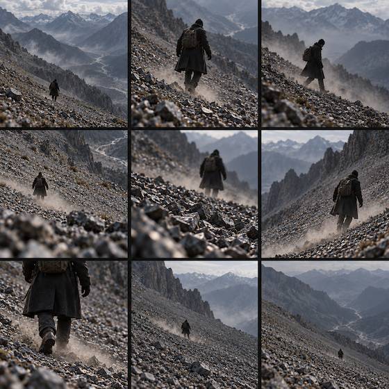 Nine frames from The descent, all the same scene shot different ways