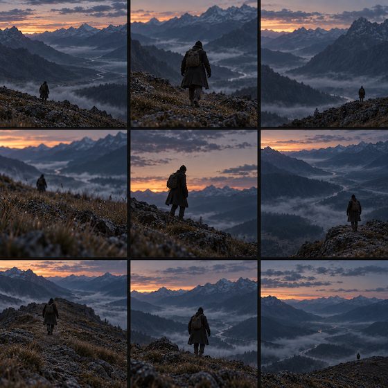 Nine frames from Last light, all the same scene shot different ways