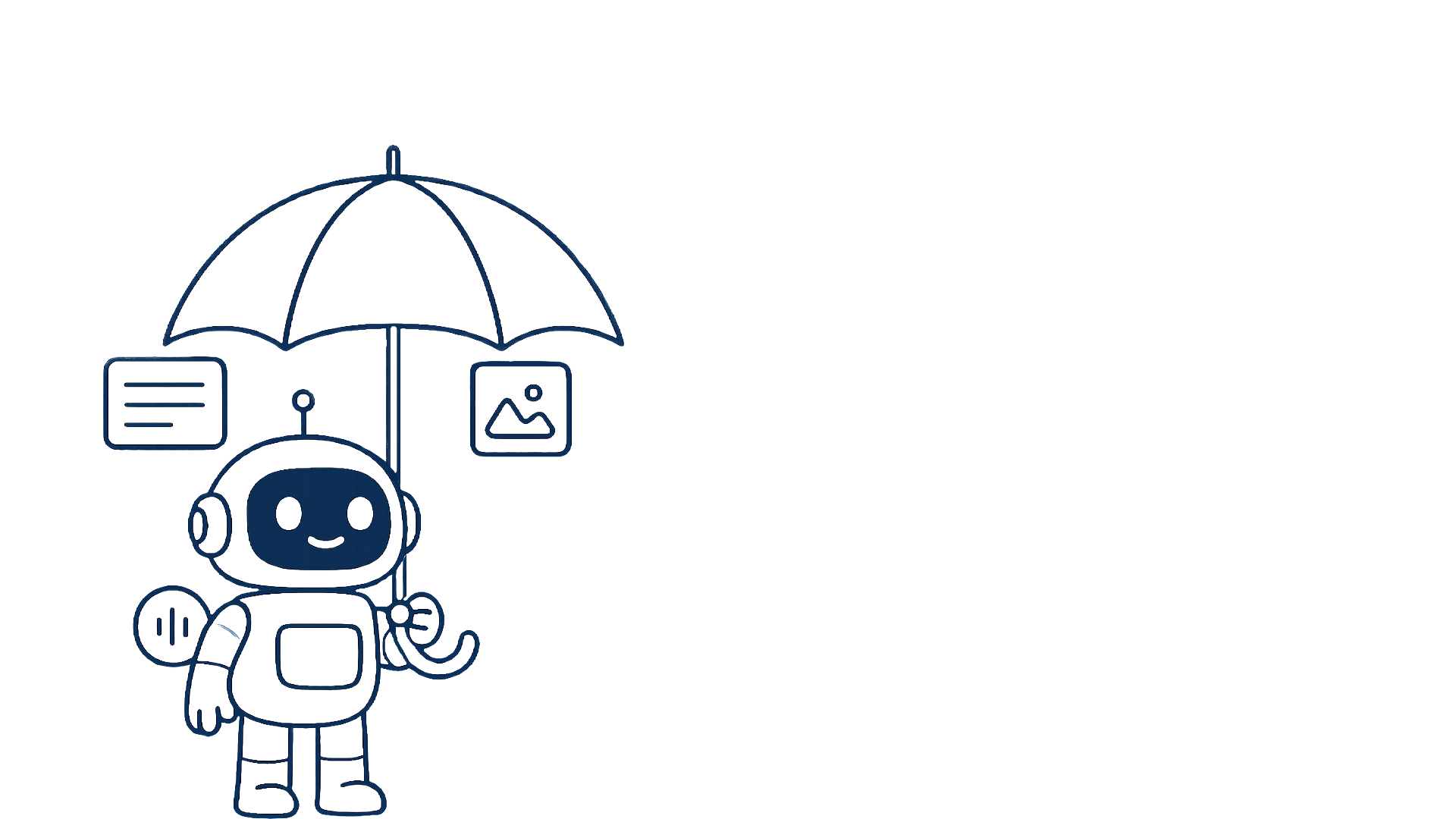 A friendly robot holding an umbrella, with icons for text, images, and audio floating around it.